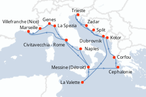 carte itinéraire croisière Sicile 21 jours au départ du port de Civitavecchia - Rome