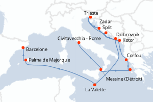 carte itinéraire croisière Sicile 14 jours au départ du port de Civitavecchia - Rome