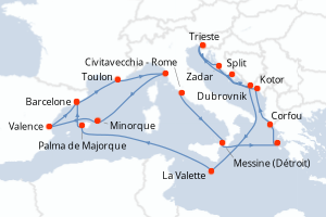 carte itinéraire croisière Sicile 21 jours au départ du port de Civitavecchia - Rome