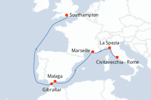 Carte de l'itinéraire de croisière Civitavecchia - Rome-Southampton d'une durée de 8 jours