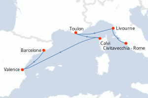Carte de l'itinéraire de croisière Civitavecchia - Rome-Barcelone d'une durée de 7 jours