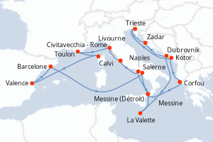 carte itinéraire croisière Sicile 21 jours au départ du port de Civitavecchia - Rome