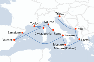 carte itinéraire croisière Sicile 14 jours au départ du port de Civitavecchia - Rome