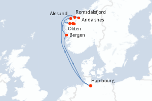 carte itinéraire croisière Fjörds norvégiens 8 jours au départ du port de Hambourg