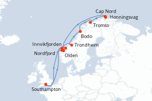 carte itinéraire croisière Fjörds norvégiens 14 jours au départ du port de Southampton