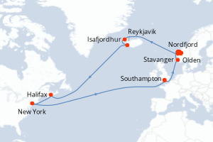 carte itinéraire croisière Fjörds norvégiens 21 jours au départ du port de Southampton
