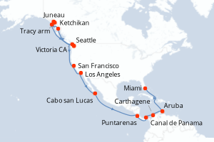 carte itinéraire croisière Caraïbes Bahamas 28 jours au départ du port de Seattle