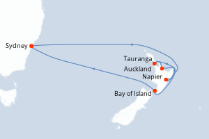 Carte de l'itinéraire de croisière Sydney-Sydney d'une durée de 10 jours