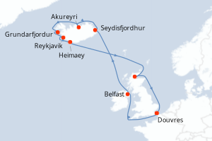Carte de l'itinéraire de croisière Douvres-Douvres d'une durée de 12 jours