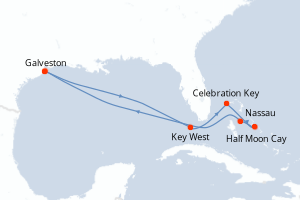 Carte de l'itinéraire de croisière Galveston-Galveston d'une durée de 8 jours