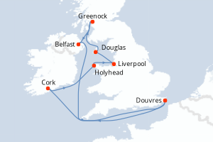 Carte de l'itinéraire de croisière Douvres-Douvres d'une durée de 9 jours