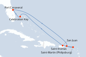 carte itinéraire croisière Caraïbes Bahamas 8 jours au départ du port de Port Canaveral