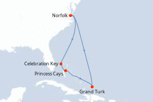 Carte de l'itinéraire de croisière Norfolk-Norfolk d'une durée de 8 jours