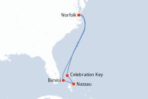 Carte de l'itinéraire de croisière Norfolk-Norfolk d'une durée de 6 jours