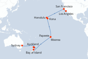 Carte de l'itinéraire de croisière Los Angeles-Sydney d'une durée de 28 jours