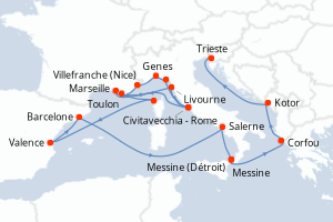 carte itinéraire croisière Sicile 21 jours au départ du port de Civitavecchia - Rome