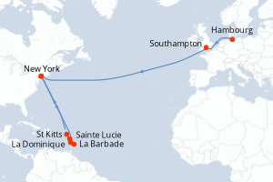 carte itinéraire croisière Transatlantique 21 jours au départ du port de Hambourg