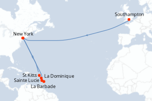 carte itinéraire croisière Transatlantique 19 jours au départ du port de Southampton