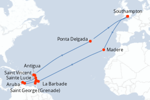Carte de l'itinéraire de croisière Southampton-Southampton d'une durée de 35 jours