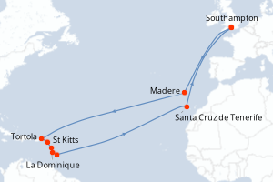 Carte de l'itinéraire de croisière Southampton-Southampton d'une durée de 28 jours
