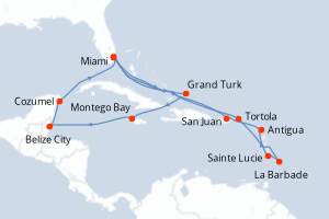 carte itinéraire croisière Caraïbes Bahamas 21 jours au départ du port de Miami