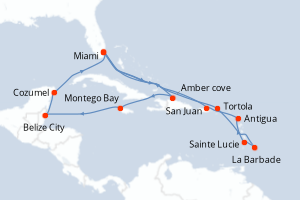 carte itinéraire croisière Caraïbes Bahamas 21 jours au départ du port de Miami
