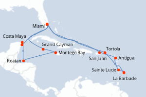 carte itinéraire croisière Caraïbes Bahamas 21 jours au départ du port de Miami
