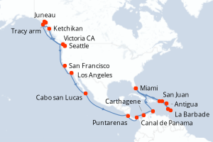 carte itinéraire croisière Caraïbes Bahamas 40 jours au départ du port de Seattle