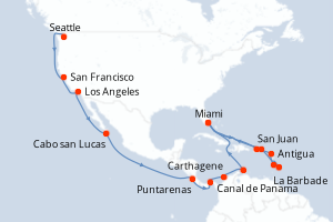 carte itinéraire croisière Caraïbes Bahamas 33 jours au départ du port de Seattle