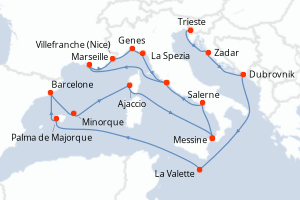 carte itinéraire croisière Adriatique 21 jours au départ du port de Trieste