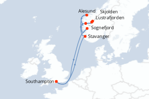 carte itinéraire croisière Fjörds norvégiens 7 jours au départ du port de Southampton