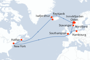 carte itinéraire croisière Fjörds norvégiens 23 jours au départ du port de Southampton