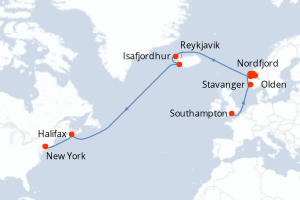 carte itinéraire croisière Transatlantique 14 jours au départ du port de Southampton