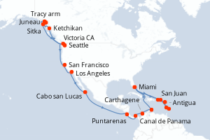 carte itinéraire croisière Caraïbes Bahamas 40 jours au départ du port de Seattle