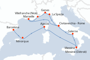 carte itinéraire croisière Sicile 14 jours au départ du port de Barcelone