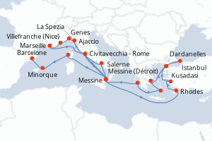 carte itinéraire croisière Sicile 28 jours au départ du port de Barcelone