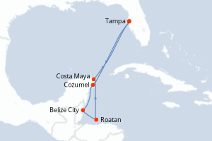 carte itinéraire croisière Caraïbes Mexique 7 jours au départ du port de Tampa