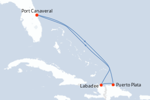 carte itinéraire croisière Caraïbes Bahamas 5 jours au départ du port de Port Canaveral