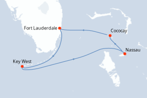 carte itinéraire croisière Caraïbes Bahamas 4 jours au départ du port de Fort Lauderdale