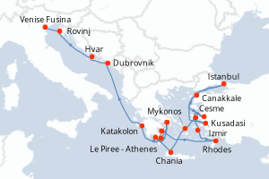 carte itinéraire croisière Méditerranée 21 jours au départ du port de Le Piree - Athenes