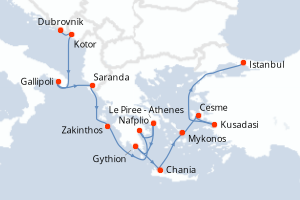 carte itinéraire croisière Méditerranée 14 jours au départ du port de Dubrovnik