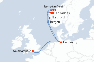 carte itinéraire croisière Fjörds norvégiens 12 jours au départ du port de Southampton