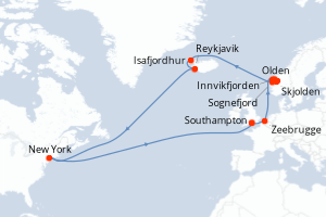 carte itinéraire croisière Fjörds norvégiens 21 jours au départ du port de Southampton