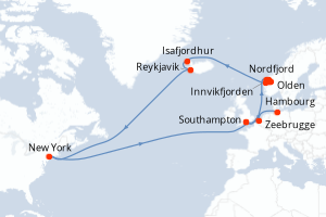 carte itinéraire croisière Fjörds norvégiens 23 jours au départ du port de Southampton