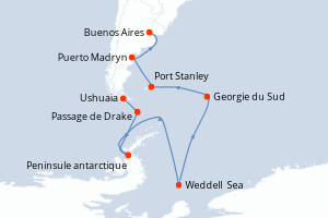 carte itinéraire croisière Antarctique 18 jours au départ du port de Ushuaia