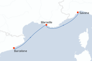 Carte de l'itinéraire de croisière Savone-Barcelone d'une durée de 2 jours