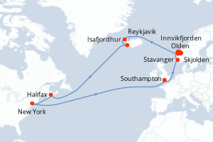 Carte de l'itinéraire de croisière Southampton-Southampton d'une durée de 21 jours