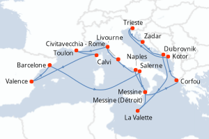 carte itinéraire croisière Sicile 21 jours au départ du port de Civitavecchia - Rome