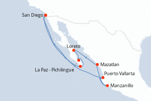 Carte de l'itinéraire de croisière San Diego-San Diego d'une durée de 11 jours