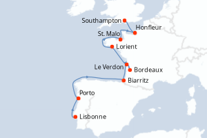 carte itinéraire croisière Europe du Nord 11 jours au départ du port de Lisbonne